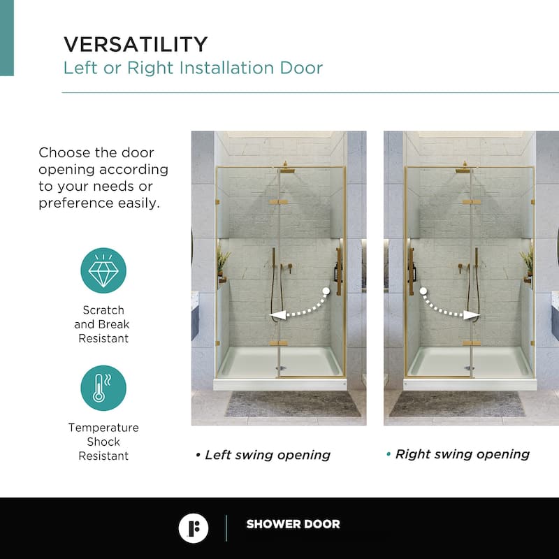 Fine Fixtures Hinged Clear Frameless Glass Shower Door Enclosure