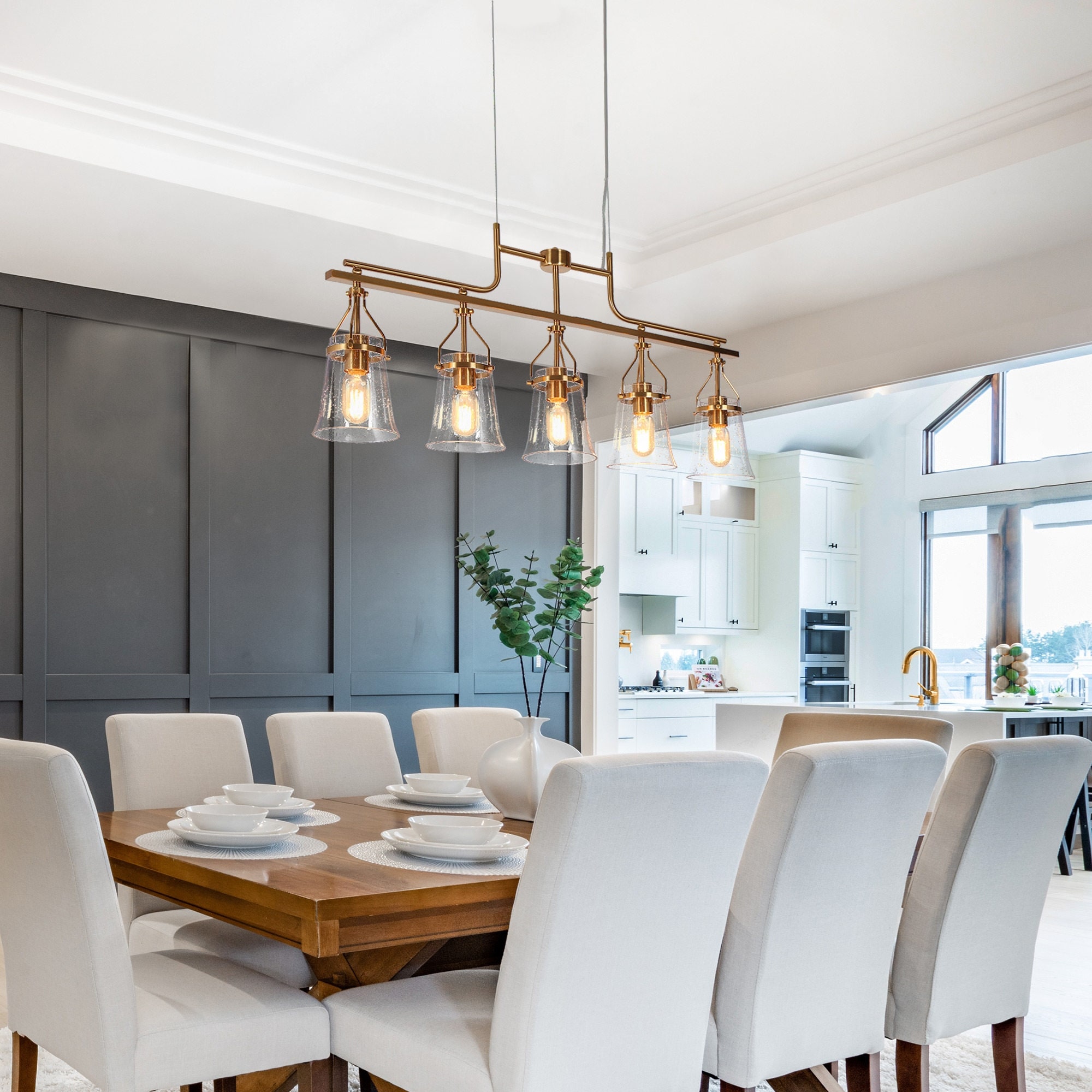 Haye Modern Gold Brass 5-Light Chandelier Seeded Glass