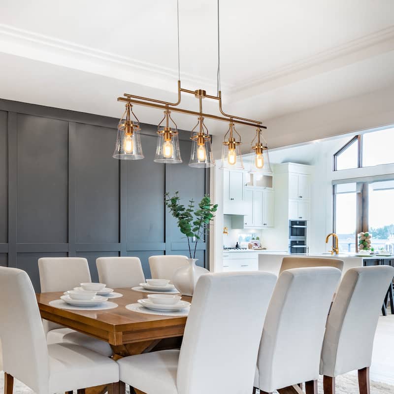 Haye Modern Gold Brass 5-Light Chandelier Seeded Glass Kitchen Island Lights for Dining Room - L37.8" x W 5.3" x H16.5"