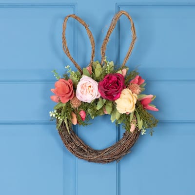 Wooden Floral Easter Bunny Ears Twig Wreath - 15"