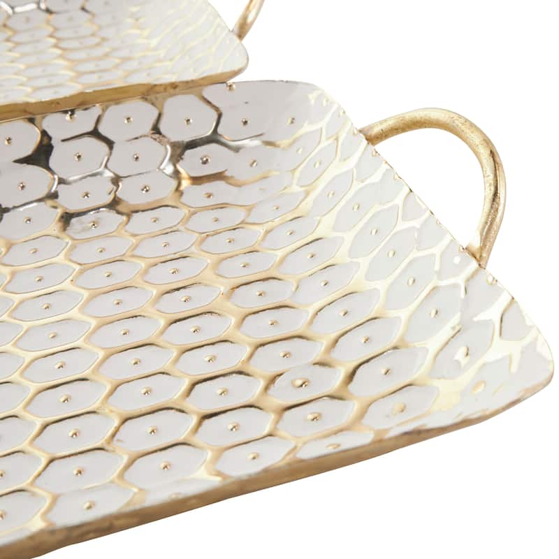 Gold Metal Geometric Dot Geometric Living Room Decor Tray with White Accents (Set of 2)