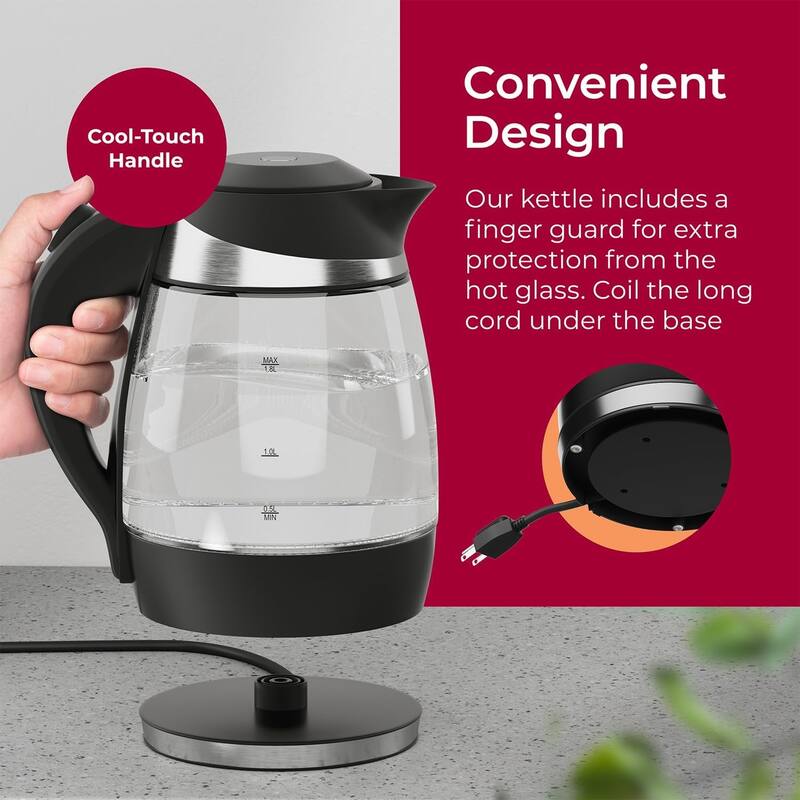 MuellerLiving Electric Kettle, 1500W SpeedBoil with Auto Shut-Off, 1.8L Cordless with LED Light, Borosilicate Glass, BPA Free