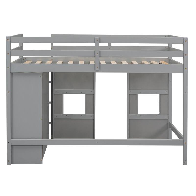 Twin Size Wood Loft Bed with Built-in Storage Wardrobe and Guardrails