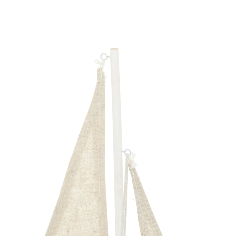 Blue Wood Distressed Sail Boat Decorative Sculpture with Cream Linen Sails and Brown Accents