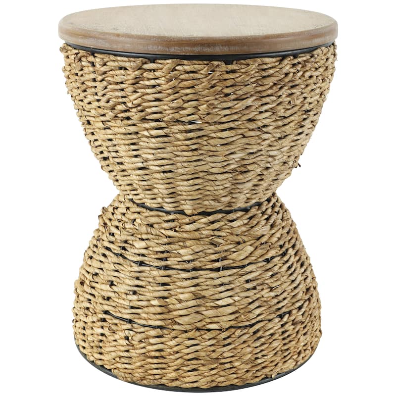 Rattan Handmade Woven Side End Accent Table with Wood Tabletop and Black Frame - Light Brown or Brown - Roche River Decor - Brown