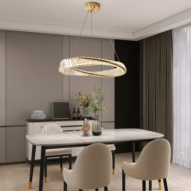 Modern LED Ring Crystal Chandelier Adjustable Hanging Pendant Lighting - 23.6"W