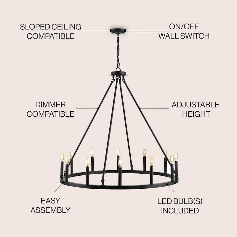 Gio Ring Iron Rustic Farmhouse LED Chandelier, by JONATHAN Y
