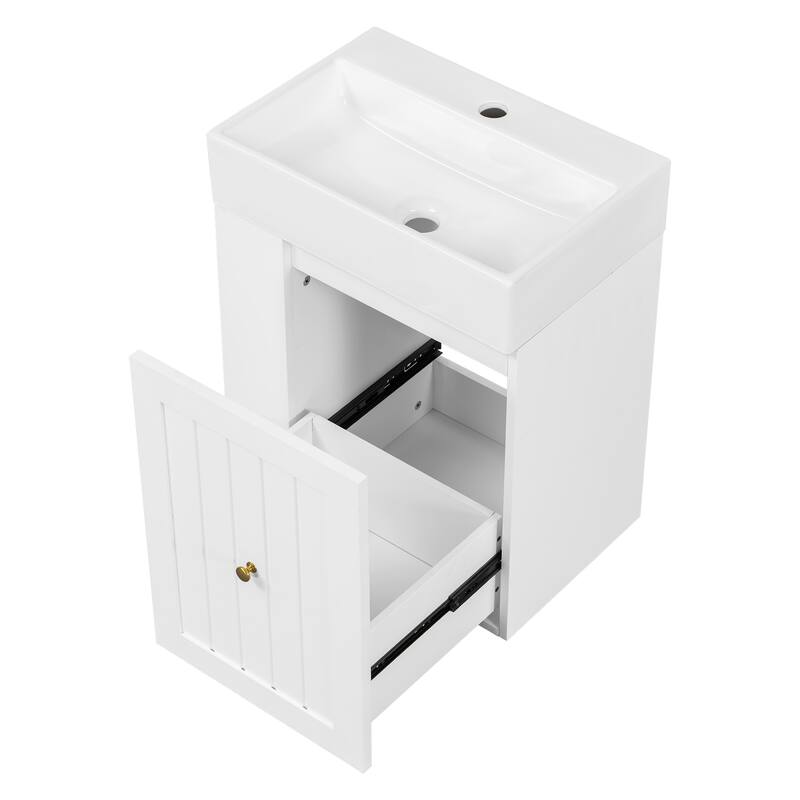 20-Inch Bathroom Vanity with Ceramic Sink, MDF Storage Cabinet with Drawer, Side Shelf & Golden Handle