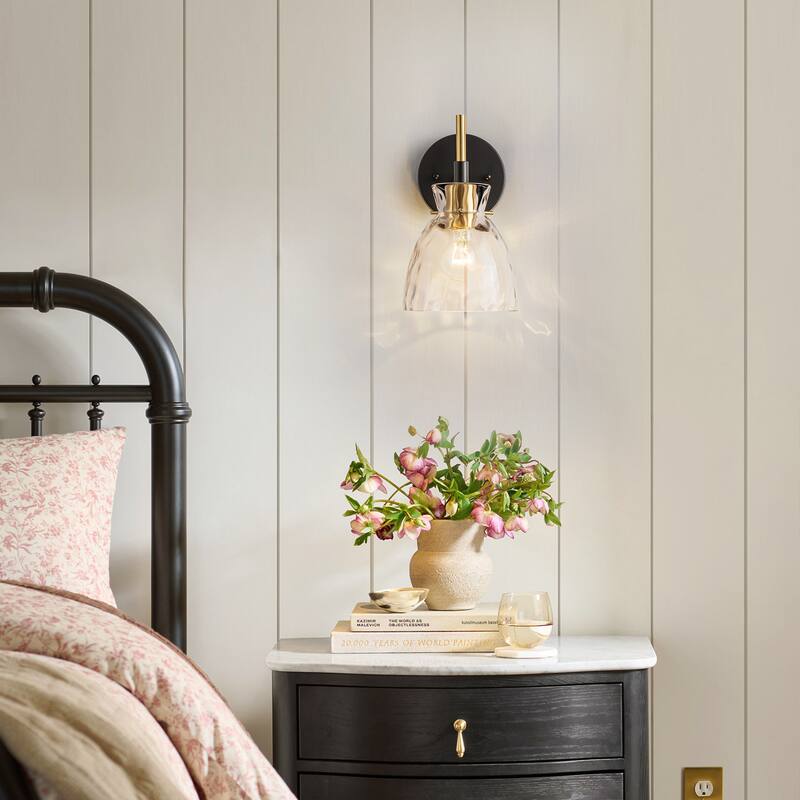 1-Light/3-Light Matte Black and Antique Brass Bathroom Vanity Light with Water-Rippled Glass Shade