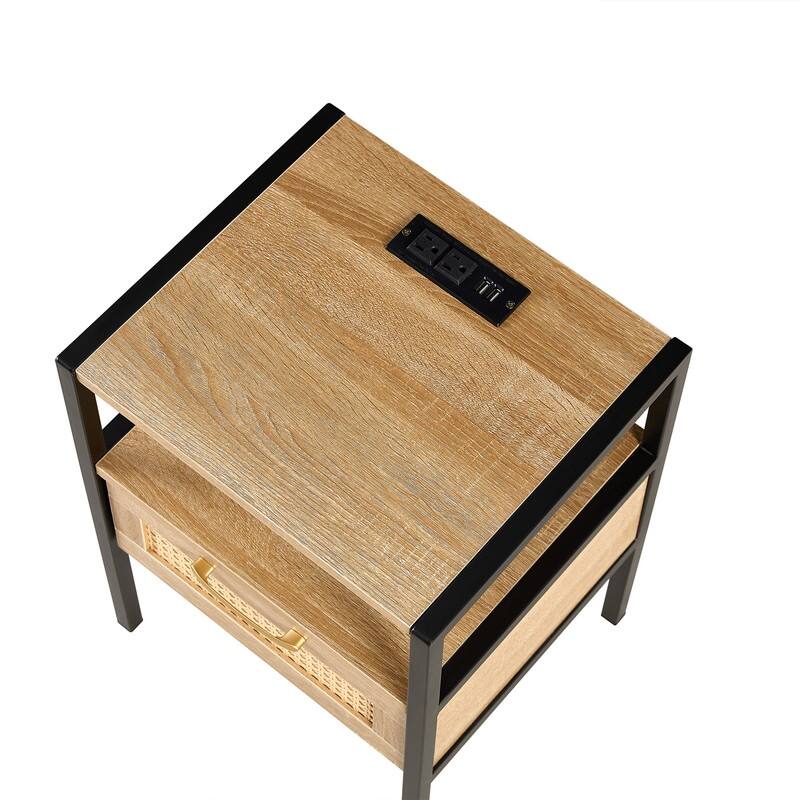 15.75" Modern Rattan End Table with Charging Station Nightstand with Drawer Metal Legs Side Table