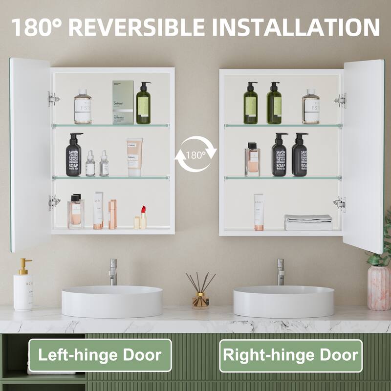 Mira Rectangular Frameless Medicine Cabinet with Mirror, Sliding Adjustable Glass Shelves, Reversible Door