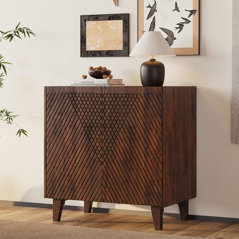 Rustic Solid Mango Wood Accent Buffet Cabinet with Fluted Door and Adjustable Shelf