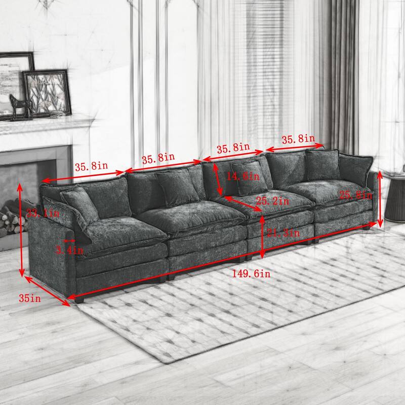 Roomfitters Large Upholstered 4-Seater Sofa with Plush Cushions and Pillows, Modern Cloud Couch for Living Room