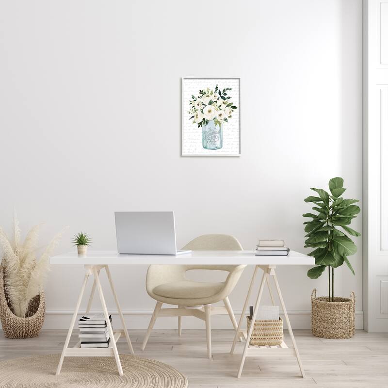 Stupell White Blooms Flower Bouquet Classic Jar Script Framed Wall Art, Design by Lettered and Lined - Off-White