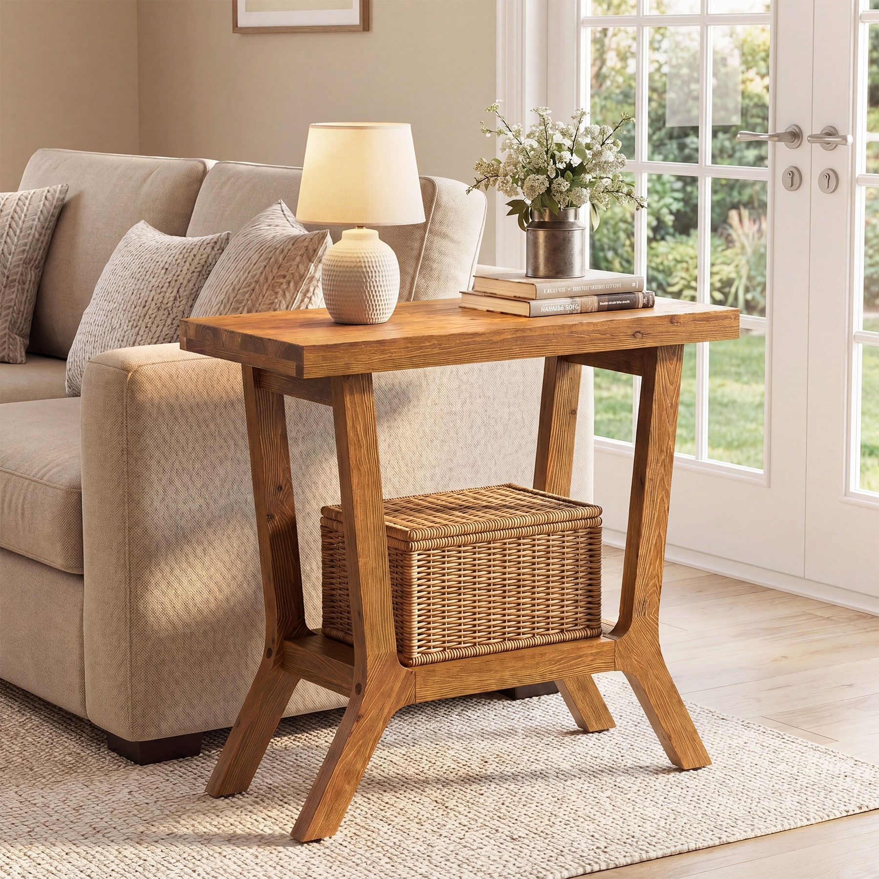 Small Solid Wood End Table, Wooden Side Table with 2-Tier Storage
