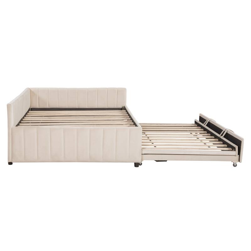 2-in-1 Daybed with Pop Up Trundle Bed, L-Shaped Upholstered Daybed Convertible Platform Bed, Vertical Stripes Frame Sofa Bed