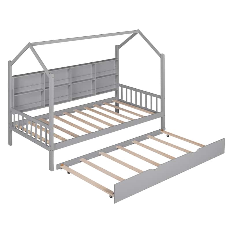 Pine House Bed with Trundle & Storage Shelf