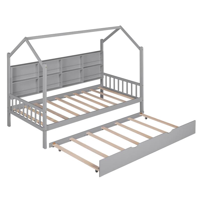 Pine Kids House Platform Bed with Trundle, Shelf, and Roof