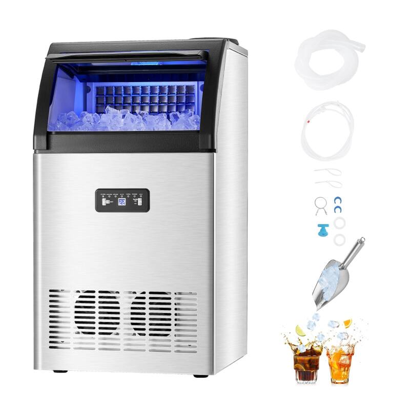 Silver Black Stainless Steel Commercial Ice Maker with 130 lbs Daily Output and Auto Cleaning - 17.1 x 16.1 x 31.5 in