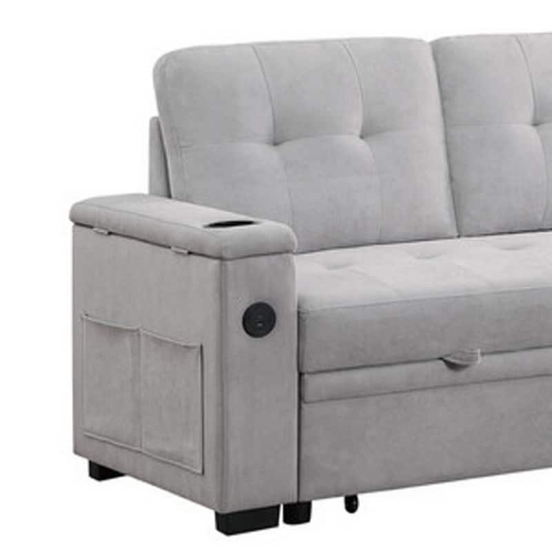 Lna 84 Inch Sectional Sofa, Pull Out Bed, Storage Chaise, USB, Light Gray