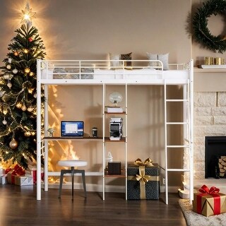 Artsy Twin Size Metal Loft Bed and Built-in Desk and Shelves, White