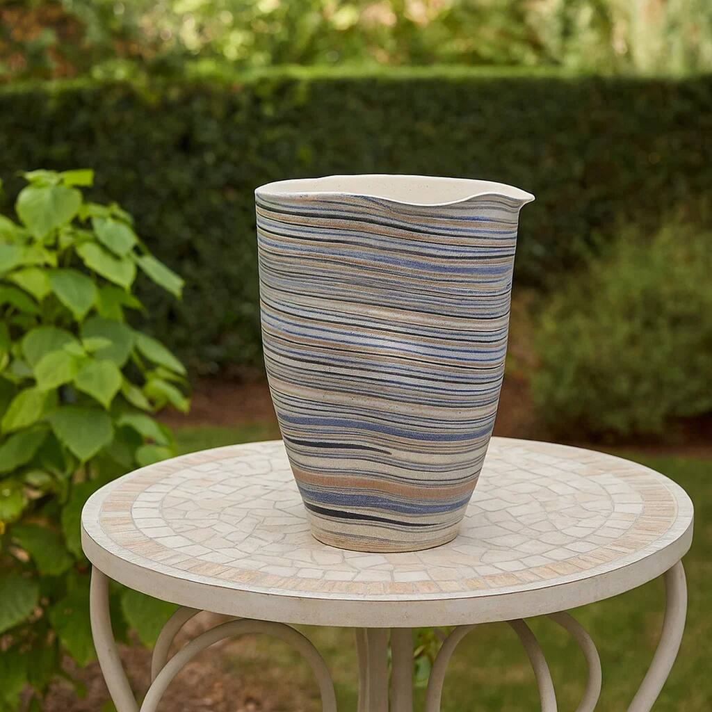 Kerya Decorative Vase, 13 Inch White Blue Striped, Wavy Rim Porcelain