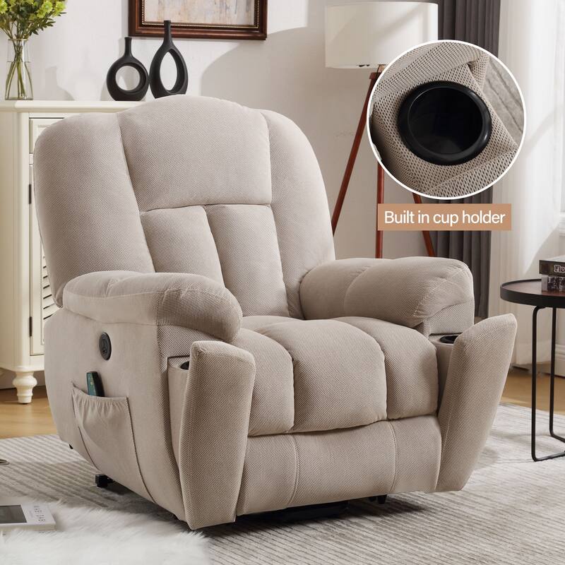 Grey Electric Lift Recliner Chair for Seniors with Heat, Massage, USB Port, Side Pockets, and Durable Fabric