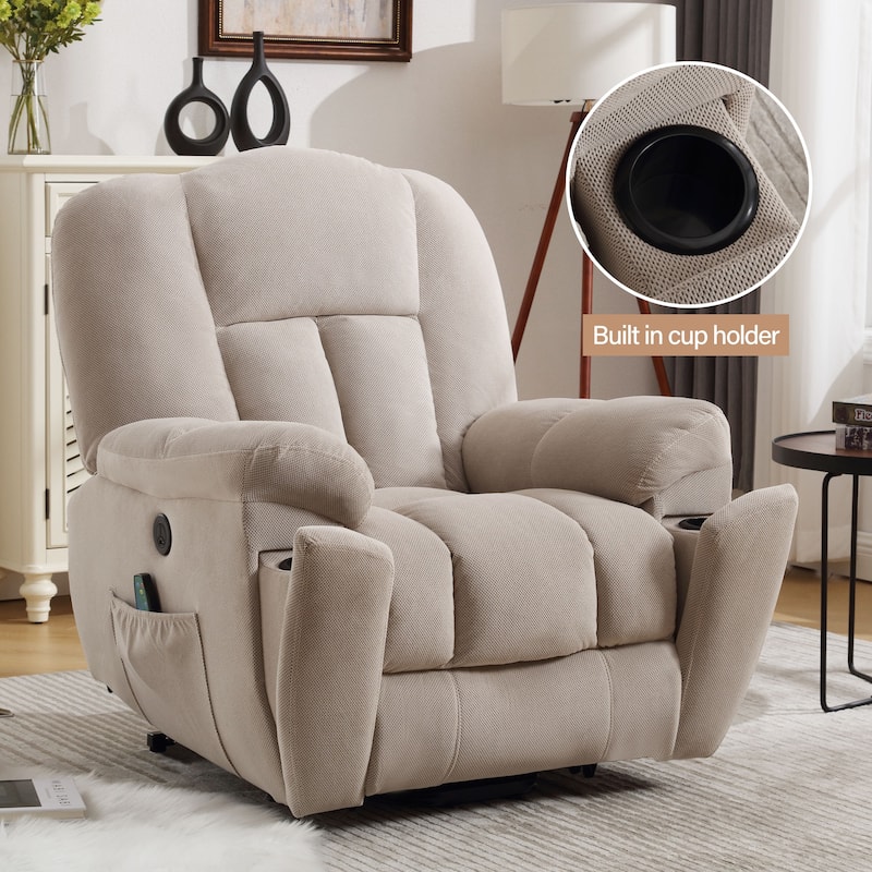 Grey Lift Recliner for Seniors with Heated Massage, USB Port, Side Pockets, and Durable Fabric Upholstery