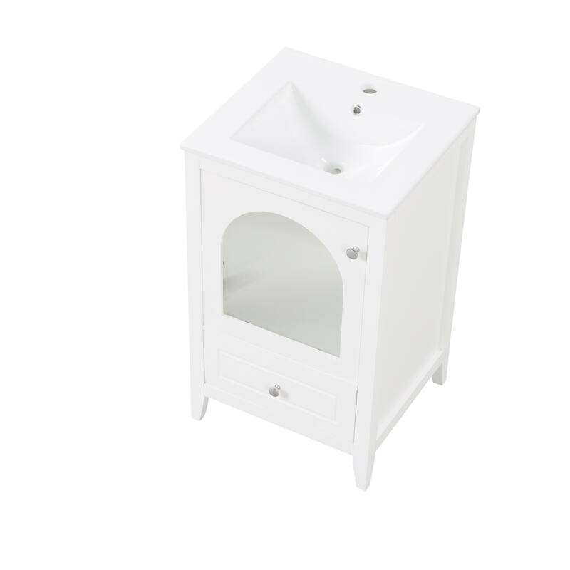 Bathroom Vanity with Ceramic Sink, Single Basin Vanity Set with Door and Drawer, Bathroom Cabinet with Soft Closing Glass Door
