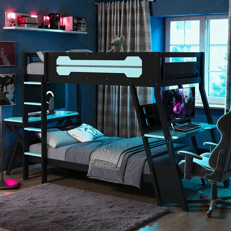 Twin/Full Gaming Bunk Bed with Dual Desks, USB Charging Ports and Pegboard Organizer, Gamer Bunk Frame - Blue - Twin