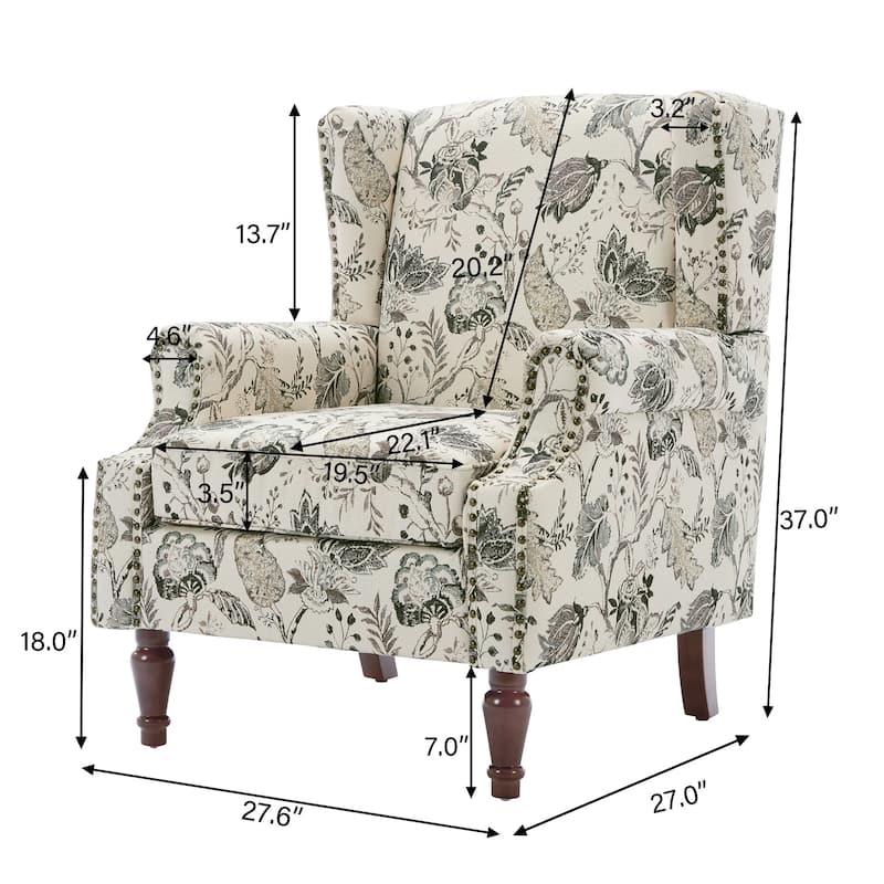 2 Set Transitional Patterned Wingback Accent Chairs with NailHead