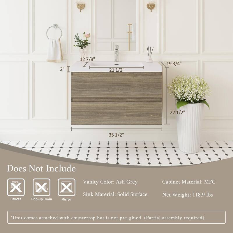 30" Wall-Mounted Bathroom Vanity with Resin Sink - Floating Bathroom Cabinet with Soft-Close Hinges,Floating Vanity Cabinet