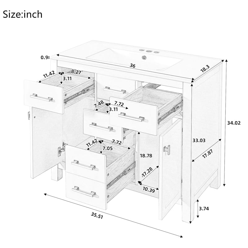 36'' Bathroom Vanity with Ceramic Sink Combo Set, Freestanding Single Bathroom Cabinet with 4 Drawers & 2 Cabinets