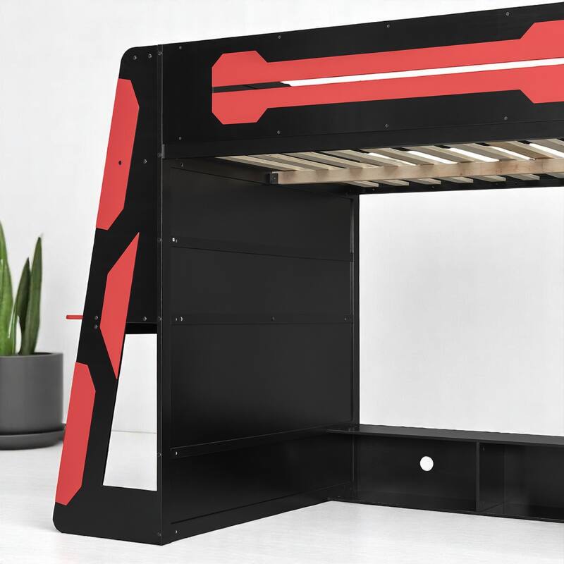 Full Size Gaming Loft Bed with Storage Shelves, Built-in Desk and RGB Light, Sturdy Wood Construction