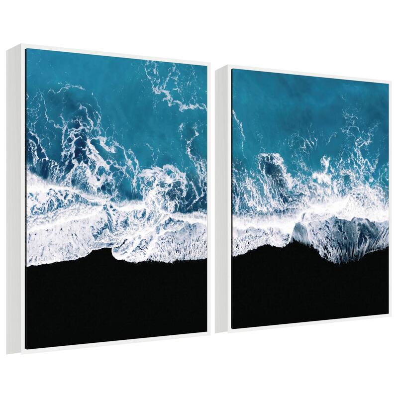Kate and Laurel Sylvie Minimalist Ocean Waves on Beach Framed Canvas Art Set by Michael Schauer - 2pk - 28 x 38