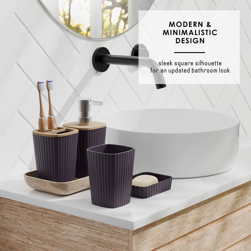 Empyrean Bamboo Bathroom Accessories Set with Shower Curtain Set, Toilet Brush, Trash Can & Soap Dispenser