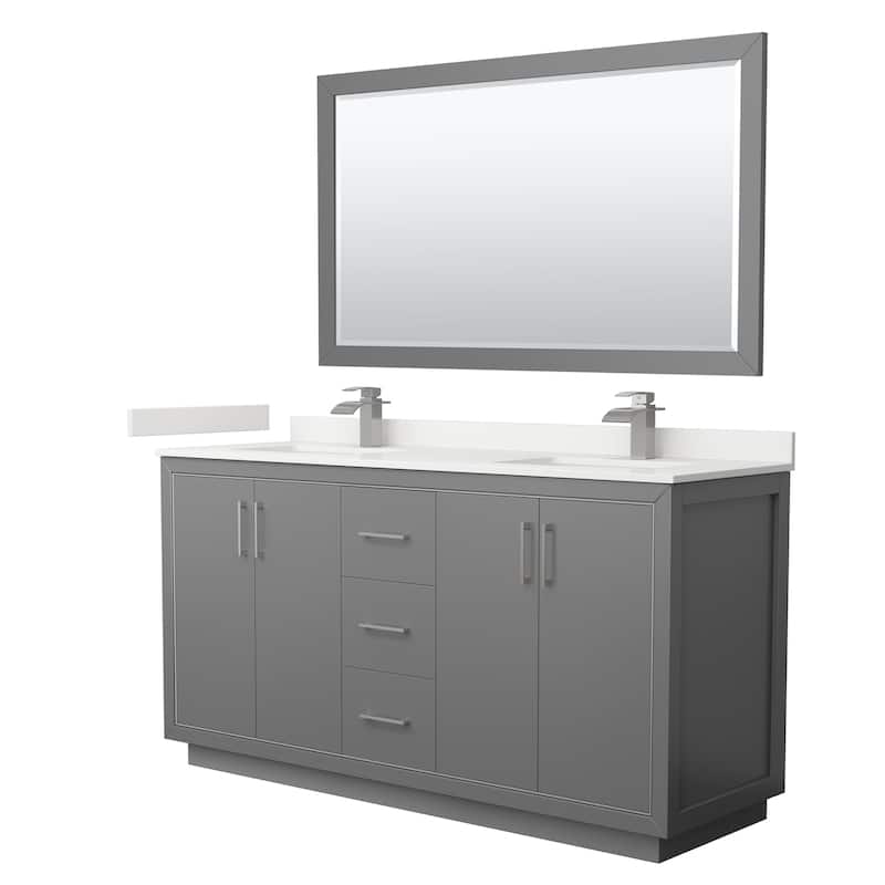 Icon 66-inch Double Vanity, Quartz Top, 58-inch Mirror - Dark Gray, Nickel Trim, White Quartz Top