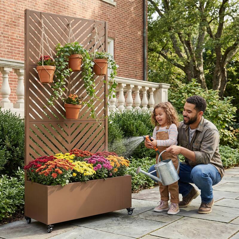Raised Garden Bed Planter with Trellis Movable Planter Box with Lockable Wheels