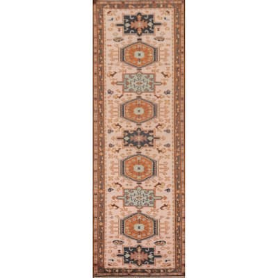 Geometric Pink Kazak Runner Rug Handmade Oriental Wool Carpet - 2'7"x 9'11"