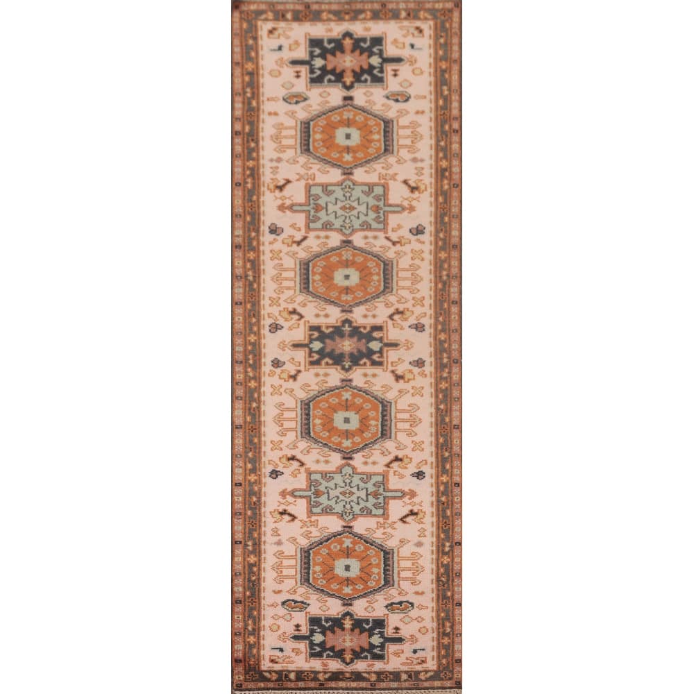 Geometric Pink Kazak Runner Rug Handmade Oriental Wool Carpet - 2'7"x 9'11"