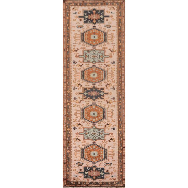 Geometric Pink Kazak Runner Rug Handmade Oriental Wool Carpet - 2'7"x 9'11"