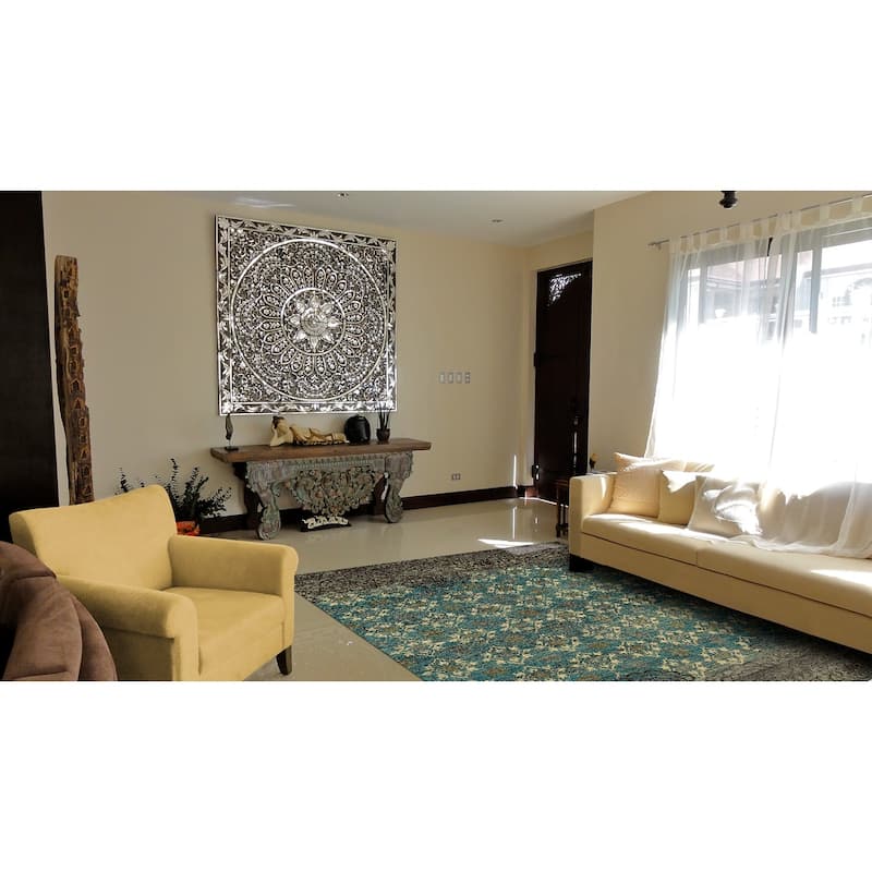 Timeo Hand Knot Oriental Area Rug, Teal Green/Coffee Brown