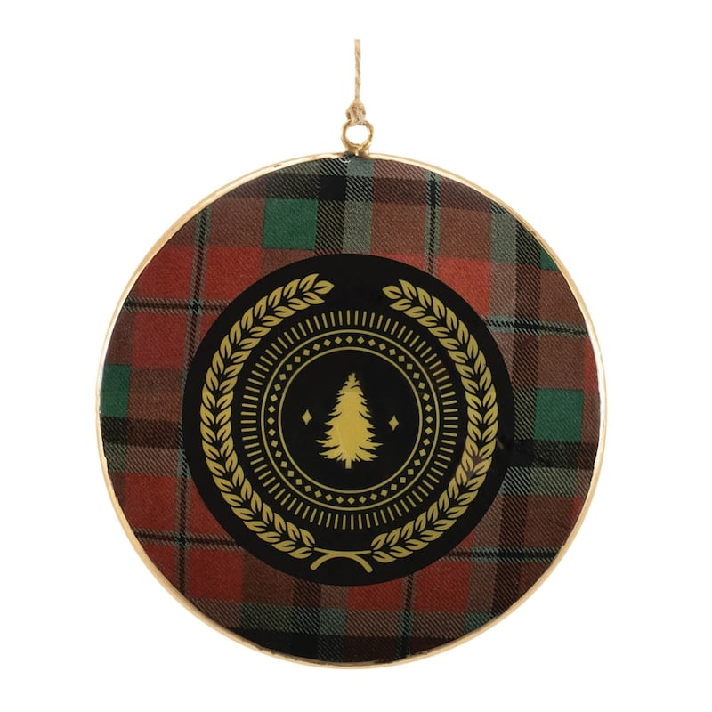 Metal Deer and Pine Tree Plaid Christmas Disc Ornaments - 6" - 6ct