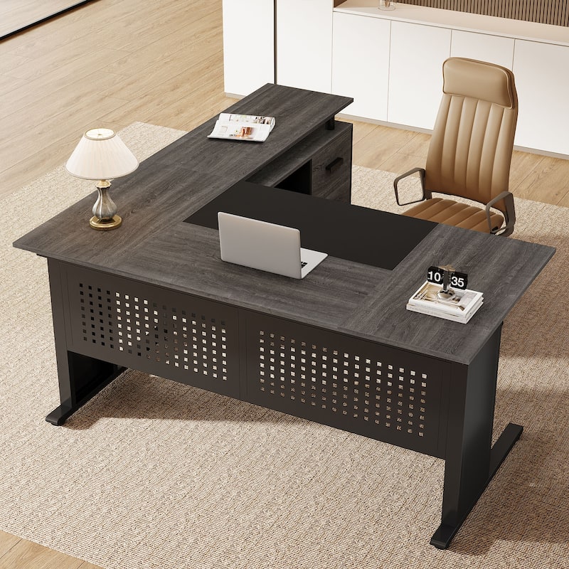 63-Inch L-Shaped Executive Desk with Storage Shelves