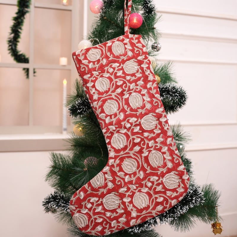 Fabdivine Handmade Christmas Stocking Floral Block Print 10X4.5 Inch Tassel Loop for Home Décor - 10"X4.5"