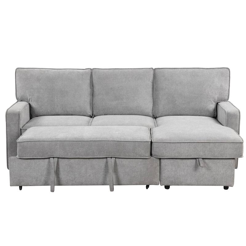 Upholstery Sleeper Sectional Sofa with Storage, USB Ports & Cup Holders, Convertible L-Shaped Couch with Chaise