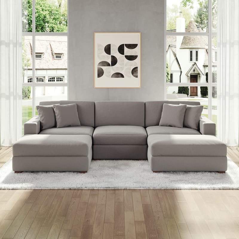Modular Corduroy Sectional Sofa Set Chaise Couch with Ottoman - Light Grey-5 Piece