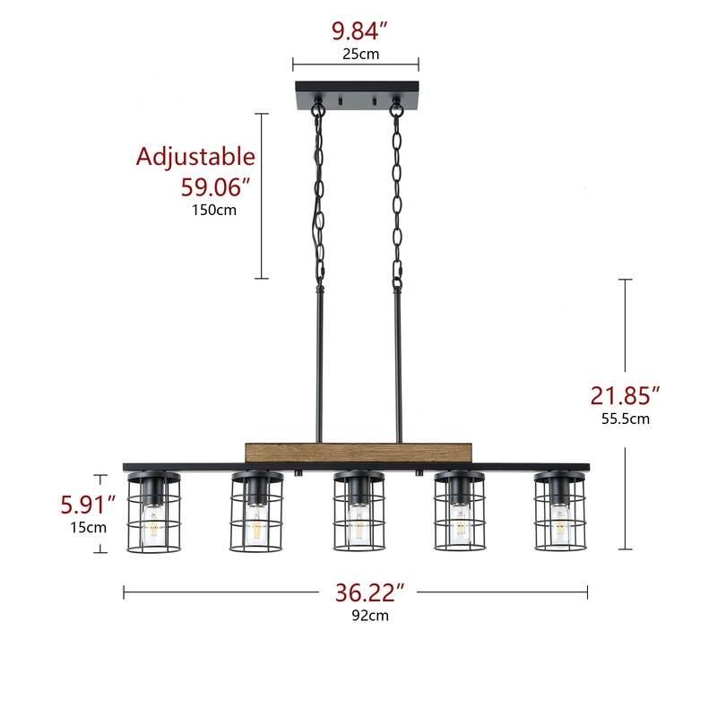 Modern Industrial 5 Light Black Iron Pendant Light Faux Wood Grain Ceiling Fixture