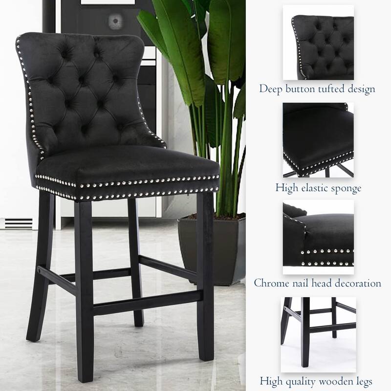 Contemporary Tufted Velvet Upholstered Counter Bar Stools Set of 2