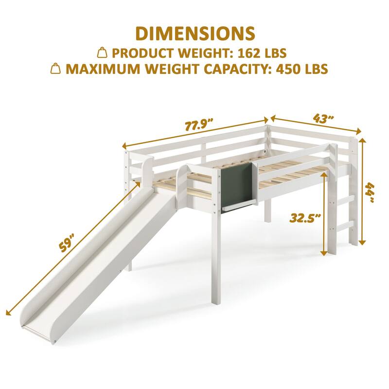Twin Size Kids Loft Bed with Slide - Solid Wood Loft Bed with Ladder, Chalkboard & Space-Saving Design for Toddlers